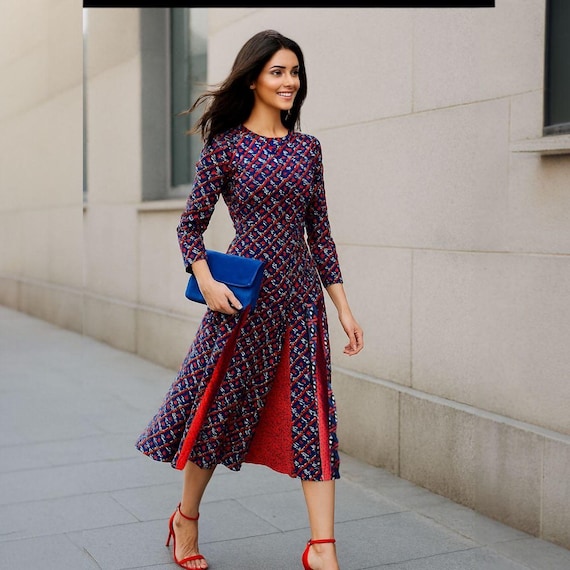 INES Print Midi Dress - Geometric Red & Blue Pattern, Size XL (EU 44)