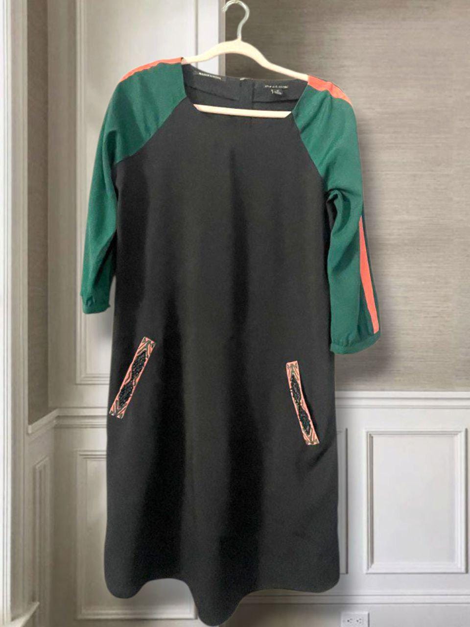 Maison Scotch Beaded Pocket Shift Dress | Color Block Boho Tunic | Black Green Coral Accents