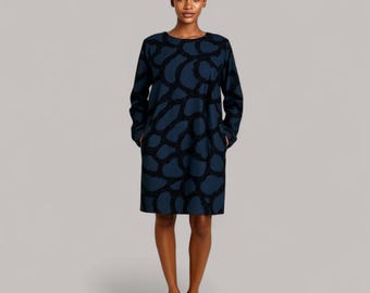 Minimalist Cos Dark Blue Dress Velvet Flocked Shift