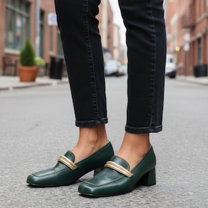 Vintage 90s Green Leather Loafers, Square Toe Gold Detail, Chunky Heel Shoes, EU 39