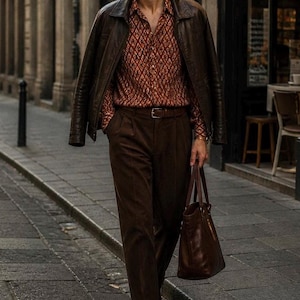 May include: A dark brown leather jacket worn over a rust-colored button-down shirt with a geometric diamond pattern, paired with dark brown trousers, a matching leather belt, dark brown leather shoes, and a large brown leather tote bag.