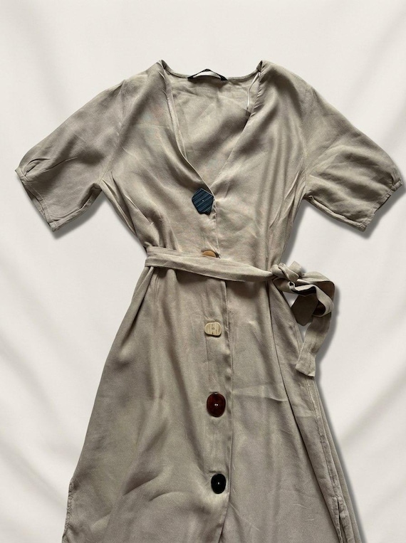 zara beige button dress Zara Beige Belted Button Dress Statement Buttons Modern Minimalist Style