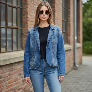 May include: A woman wearing a light blue denim jacket with a classic collar, button closure, and front pockets. She is also wearing a black t-shirt, blue jeans, and sunglasses. The background features a brick building.