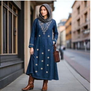Vintage 70s Denim Dress, Indian Embroidered Denim Dress