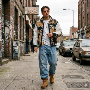 Puede incluir: Una persona con una chaqueta estampada en negro, blanco y beige, una camiseta blanca y vaqueros azul claro. La persona camina por una acera frente a un edificio de ladrillo con un letrero de "RECORD SHOP".