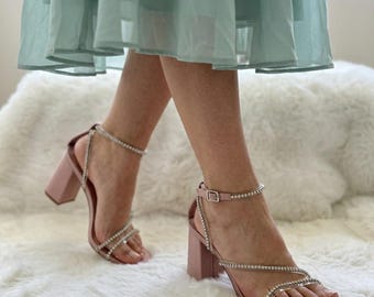 Dusty Rose Ribbed Satin Heeled Sandals, Rhinestone Straps, Square Toe Block Heels, Party Shoes