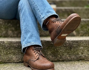 MOMA Woven Leather Ankle Boots | Italian Artisan Intrecciato Lace-Up Cognac Brown Size 37