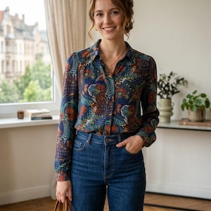 Camicetta King Louie in stile vintage con stampa floreale Art Deco blu navy, top retrò taglia S