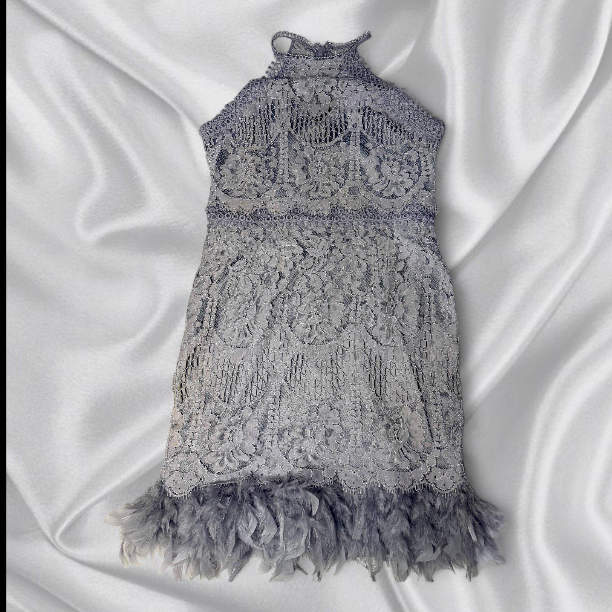 lipsy grey lace dress VIP Gray Feather Dress: Halterneck Mini Cocktail Mini dress