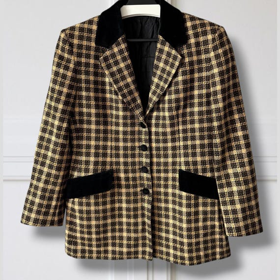 Plaid Blazer Women's Vintage 80s Velvet Collar British Style