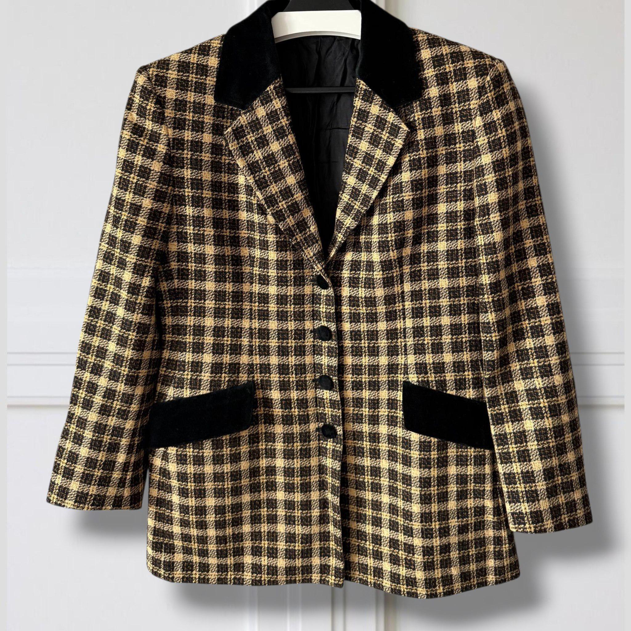 ジャケット・アウター 80s 90s ITALY plaid pattern coat EURO Plaid Blazer Women's Vintage 80s Velvet Collar British Style