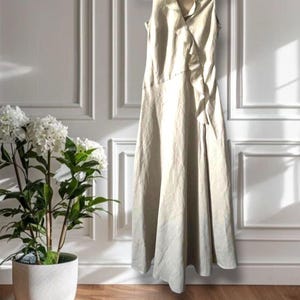 May include: A sleeveless, light beige dress with a ruffled front detail, hanging on a white hanger. The dress has a wrap-style design and a flowing skirt. The background features a white wall with paneling and a potted plant.