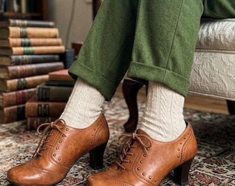 Zapatos Oxford de cuero color camel vintage: Zapatos de tacón con cordones y tachuelas estilo brogue Talla 6 EE