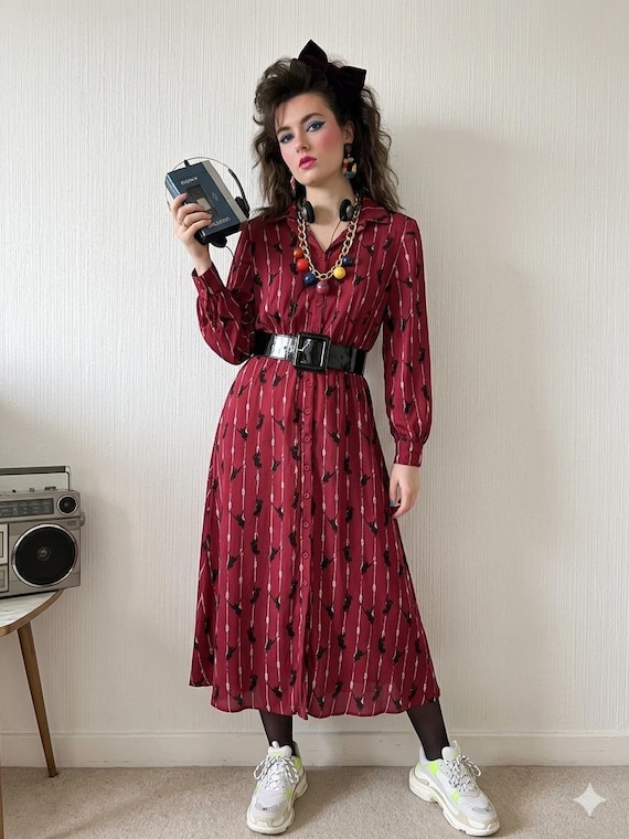Pretty Vacant Burgundy Midi Shirt Dress – Monkey Print, Retro Style