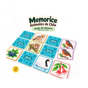Puede incluir: Un juego de memoria titulado Memorice Animales de Chile con tarjetas cuadradas que muestran ilustraciones de animales y plantas chilenas, con reversos azules estampados. Un círculo amarillo indica 5-6 años. El juego incluye imágenes de un zorro, un pequeño mamífero, un cisne de cuello negro, bayas y flores rojas.