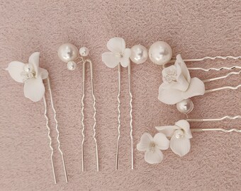 Bridal Ceramic White Flowers Hair Pins 6pcs - Wedding Pearl Hair Piece