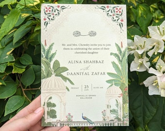 Mughal wedding invite, Modern Indian wedding card design , Elegant minimalist invites, Indian motifs e-vite, Digital Canva template,