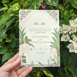 Convite de casamento Mughal, Design de cartão de casamento indiano moderno, Convites minimalistas elegantes, Convite eletrônico com motivos indianos, Modelo digital Canva,