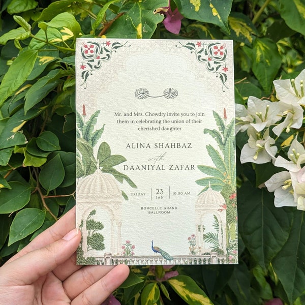 Invitación de boda mogol, diseño de tarjeta de boda india moderna, invitaciones minimalistas elegantes, invitación electrónica con motivos indios, plantilla digital Canva.