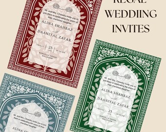 Elegant Mughal wedding invite, Traditional Indian wedding cards, Floral motif wedding invite bundle, Pack of 3 editable Canva templates