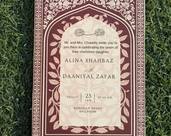 Elegant Floral Motif Border Invitation, Luxurious Maroon and white Katb e Kitab digital card, Regal Red Arabian Arch wedding template