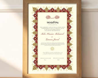 Nikah Certificate Template, Red Maroon Nikahnama,  Muslim Marriage Certificate Digital Print