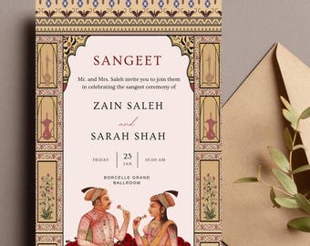 Mughal rose garden wedding invite, Elegant Qawali night announcement, Traditional Indian miniature art e-vite, Digital Canva templatea