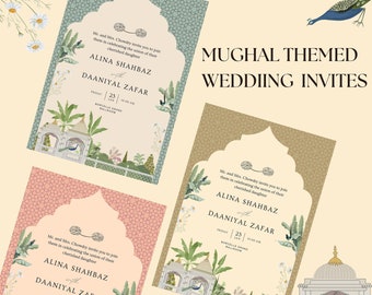 Mughal wedding invite, Modern Indian wedding card design, 3 pastel e-vite set, Elegant minimalist invites, Indian motifs,  Canva template