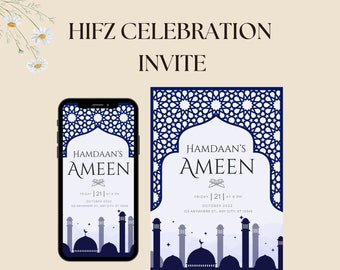 Ameen party invite, Blue and white Islamic themed Hifz-e-Quran invitation, Hafiz invitation card, Quran completion digital invite