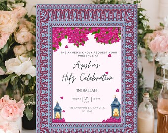 Ameen party invite, Floral Lantern Islamic Hifz-e-Quran invitation, Beautiful girly Hafiza Quran celebration editable digital template