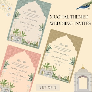 Convite de casamento Mughal, Design de cartão de casamento indiano moderno, Conjunto de 3 convites eletrônicos em tons pastéis, Convites minimalistas elegantes, Motivos indianos, Modelo Canva