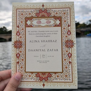 Convite de casamento Mughal, Design de cartão de casamento indiano moderno, Convites minimalistas elegantes, Convite eletrônico com motivos indianos, Modelo digital Canva,