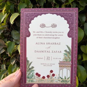 Faire-part de mariage dans une roseraie moghole, modèle de toile de invitation électronique violette sur le thème pichwai, faire-part de mariage indien traditionnel, réservez la date
