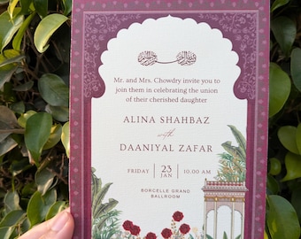 Mughal rose garden wedding invitation, pichwai themed purple e-vite canva template, Traditional indian wedding invitation, Save the date