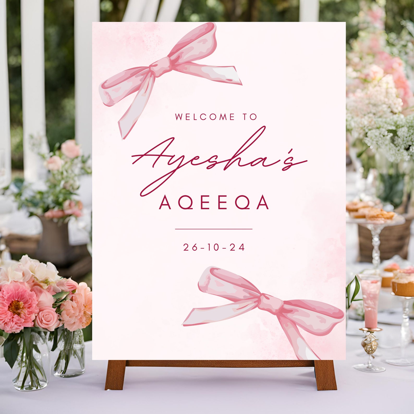 Pastel Pink Ribbon Entrance Welcome Signage, Baby Girl Aqeeqa Ceremony ...