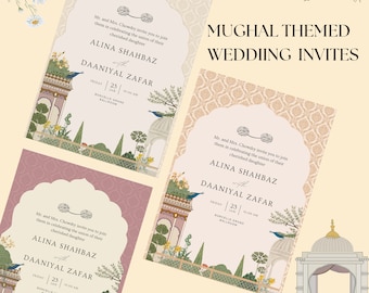 Mughal Indian Wedding Invitation, Floral Peacock Design (Editable Canva Template)