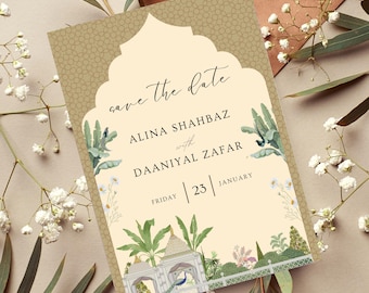 Indian Mughal garden save the date, luxury personalised mustard wedding invite, pichwai birds miniature marriage announcement template