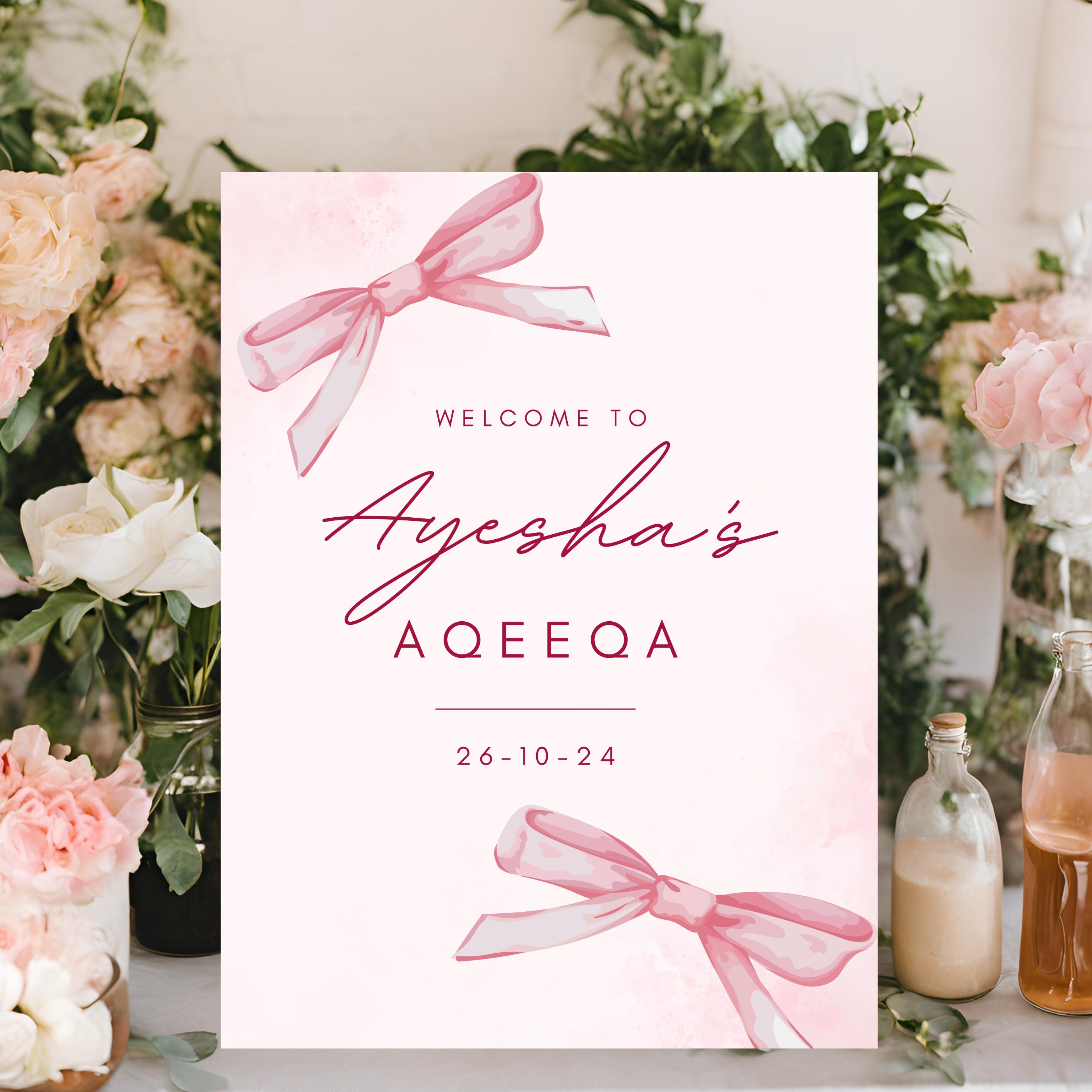 Pastel Pink Ribbon Entrance Welcome Signage, Baby Girl Aqeeqa Ceremony ...