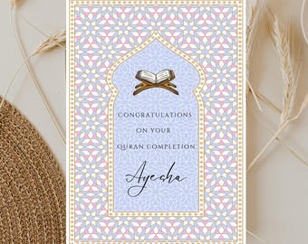 Quran Completion card, Mosaic pattern Ameen mubarak digital card, Khatam Quran party momento, Hifz-e-Quran celebration DIY canva template