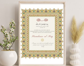 Quran completion certificate, Arab geometrical motif Hafiz commemoration present, Hifz Quran Frame, Islamic Graduation Frame, Ameen party