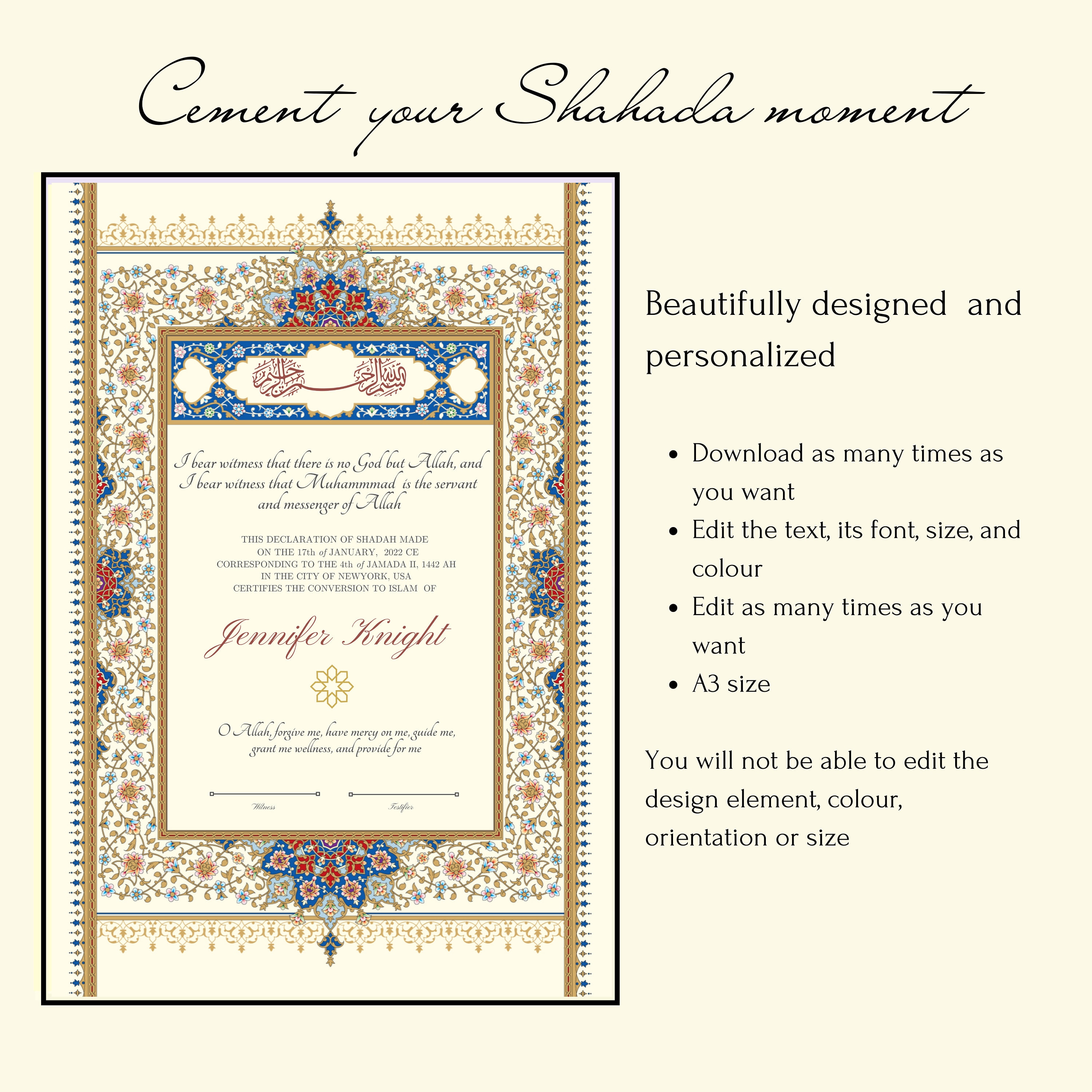 Muslim Revert Certificate, Islamic Shahada Ceremony, Sentimental ...