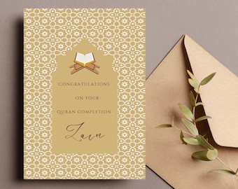 Tarjeta de finalización del Corán, recuerdo digital de la ceremonia del Amén, recuerdo de la fiesta del Corán Khatam, plantilla de Canva para la celebración sentimental del Hifz-e-Quran