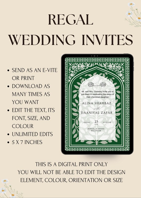 Emerald Green Nikkah Invitation Template, Floral Islamic Wedding