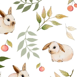 Può includere: Uno schema senza cuciture con conigli bianchi e foglie verdi e gialle. I conigli sono seduti su uno sfondo bianco. Le foglie sono disposte in uno schema casuale.