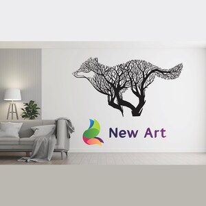 Könnte beinhalten: Schwarz-weiße Silhouette eines laufenden Fuchses, aus Ästen zusammengesetzt, auf weißem Hintergrund. Der Text "New Art" befindet sich unter dem Bild.