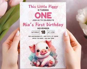This Little Piggy Birthday Invitation, Editable Template, Printable Pig Party Invite for Girls, Farm Animal Floral Theme - Instant Download