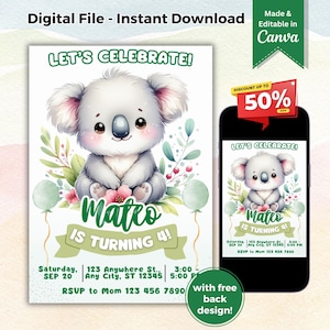 Editable Koala Birthday Invitation Template Cute Koala Bear Party Invite Minimalist Jungle Australian Animal Theme Invite Instant Download