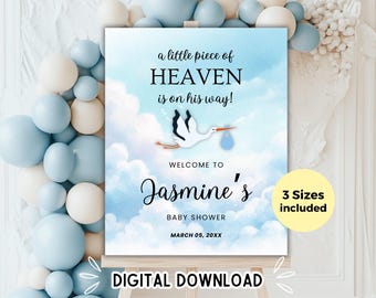 Little Piece of Heaven Baby Shower Welcome Sign: Pastel Blue Clouds Design (Editable Canva Template)