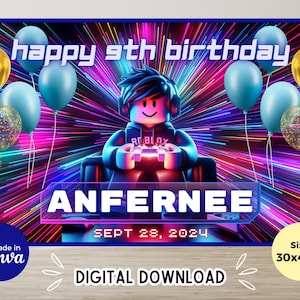 Blox Theme Birthday Banner Template Video Gamer Birthday Decorations Boy Birthday Party Supplies Gaming Birthday Backdrop Party Decor