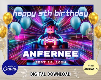 Plantilla editable de pancarta de cumpleaños con temática de Blox, decoraciones de videojuegos, suministros para decoración de fiestas de juegos